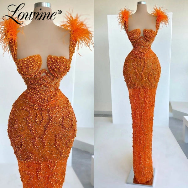 Orange Beaded  Women Evening Dresses