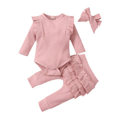 Baby Girl Outfit  Lace Ruffles Cotton Bodysuit +Pants+Headband Clothing