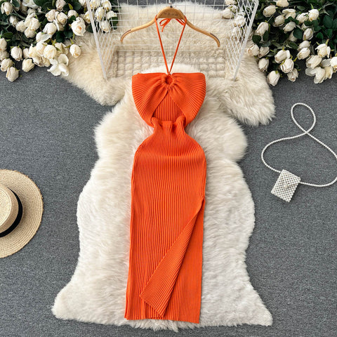 Halter Crochet Bodycon Dress Cut Out Sexy Split Dresses Off Shoulder Backless