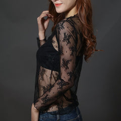 T Shirt Lace Flower under Shirt Long sleeve transparent Tshirt Sexy Black Lace See through