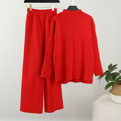 Casual Female Solid 2 Piece Pant Outfits Long Sleeve Top And Wide Leg Pants