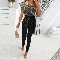 Jumpsuit Women Fashion Sequins Patchwork Short Sleeve Slim Bodycon Outfits Lady Elegant Sexy One Piece Party Overalls