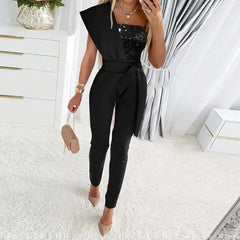 Jumpsuit Women Fashion Sequins Patchwork Short Sleeve Slim Bodycon Outfits Lady Elegant Sexy One Piece Party Overalls