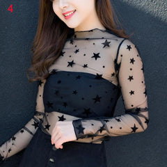 T Shirt Lace Flower under Shirt Long sleeve transparent Tshirt Sexy Black Lace See through