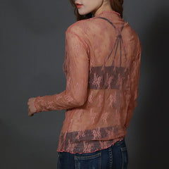 T Shirt Lace Flower under Shirt Long sleeve transparent Tshirt Sexy Black Lace See through