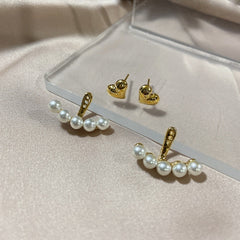 Elegant Metal Heart-Shaped Back Hanging Pearl Earrings