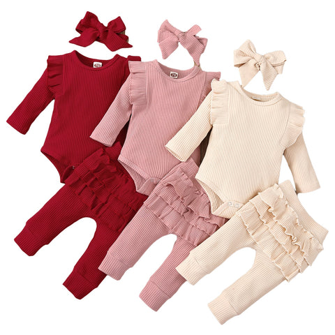 Baby Girl Outfit  Lace Ruffles Cotton Bodysuit +Pants+Headband Clothing