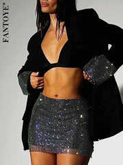 Fantoye Glitter Diamond Shiny Women Blazer Set Double Layer