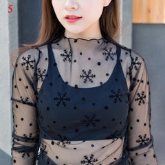 T Shirt Lace Flower under Shirt Long sleeve transparent Tshirt Sexy Black Lace See through