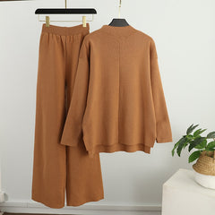 Casual Female Solid 2 Piece Pant Outfits Long Sleeve Top And Wide Leg Pants