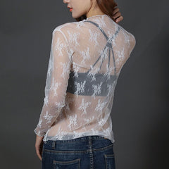 T Shirt Lace Flower under Shirt Long sleeve transparent Tshirt Sexy Black Lace See through